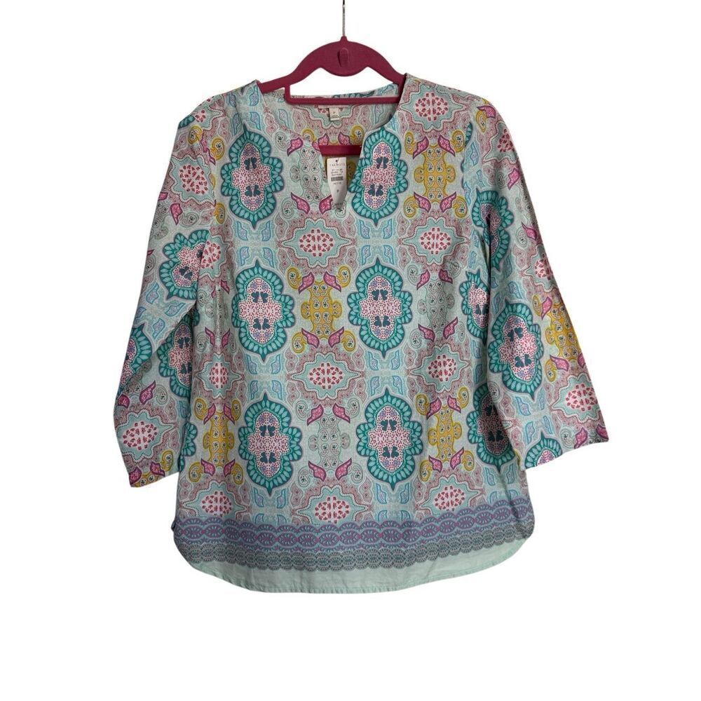 Talbots Top Womens Petite M Blue Paisley Moroccan Medallion Split-Neck Tunic NWT